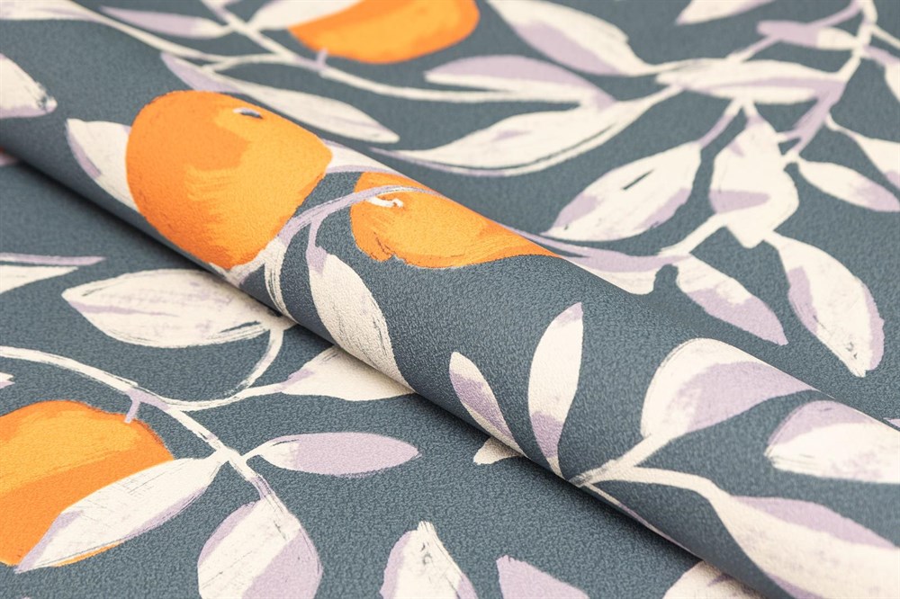 KERAMA MARAZZI KM8503 Обои виниловые Шафран мотив,синий,  апельсины 1,06х10 (1, Т A) прямая стыковка