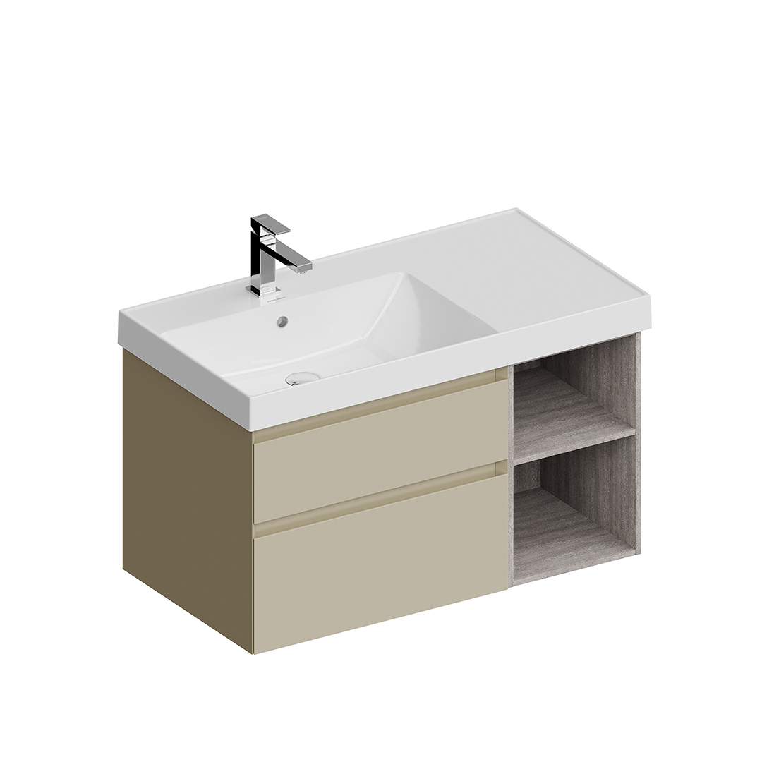 Тумба CUBO левая подвесная с ящиками 90, лимо матовая-древесная