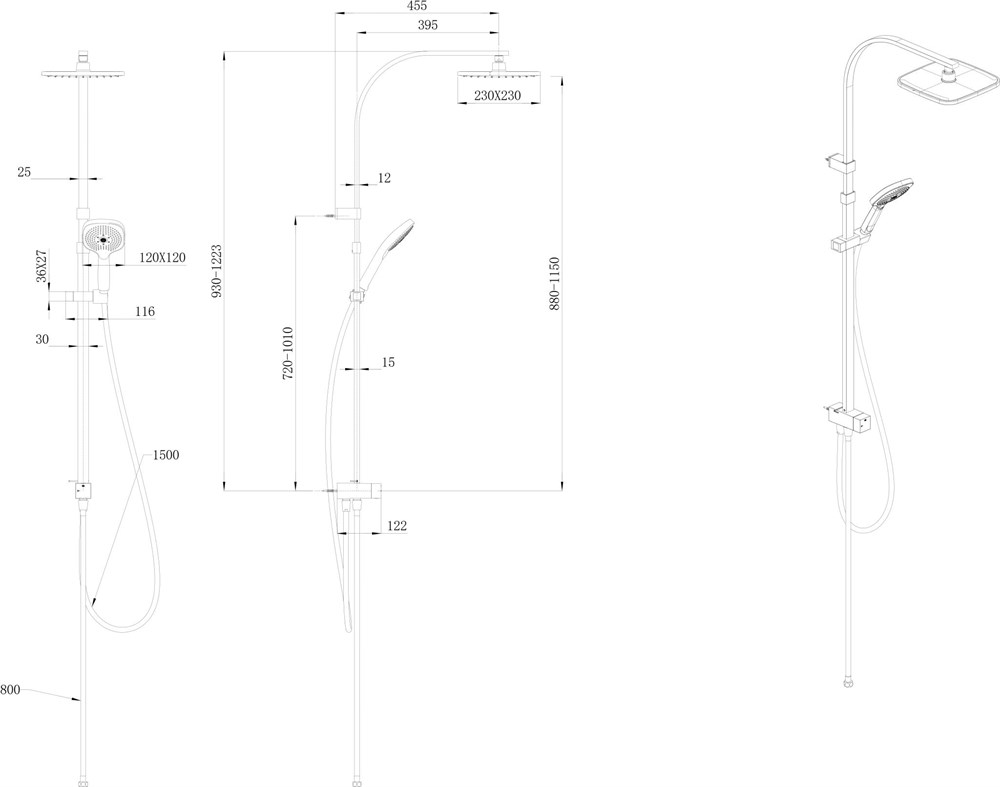 Душевая колонна квадратная FONTE на 2 потока без смесителя, черный матовый