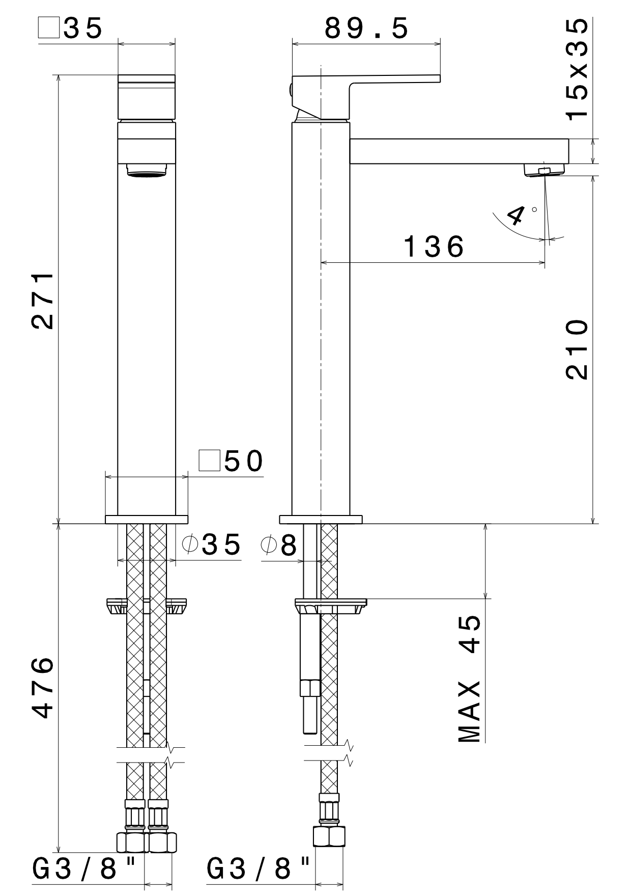 Смеситель для раковины FUTURA однорычажный высокий без донного клапана 3/8, хром