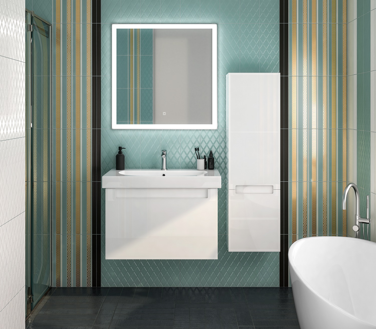 Пенал BUONGIORNO PLUS подвесной левый 130, белый глянцевый+дуб Кантри