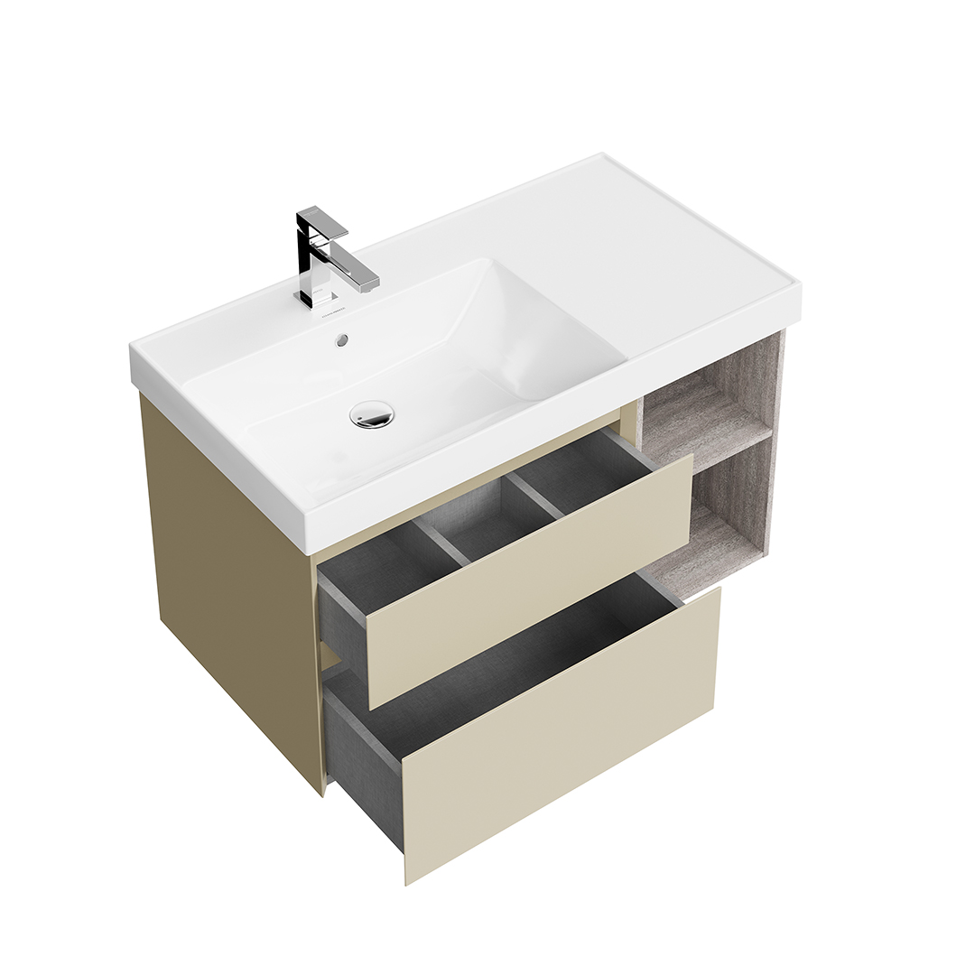 Тумба CUBO левая подвесная с ящиками 90, лимо матовая-древесная