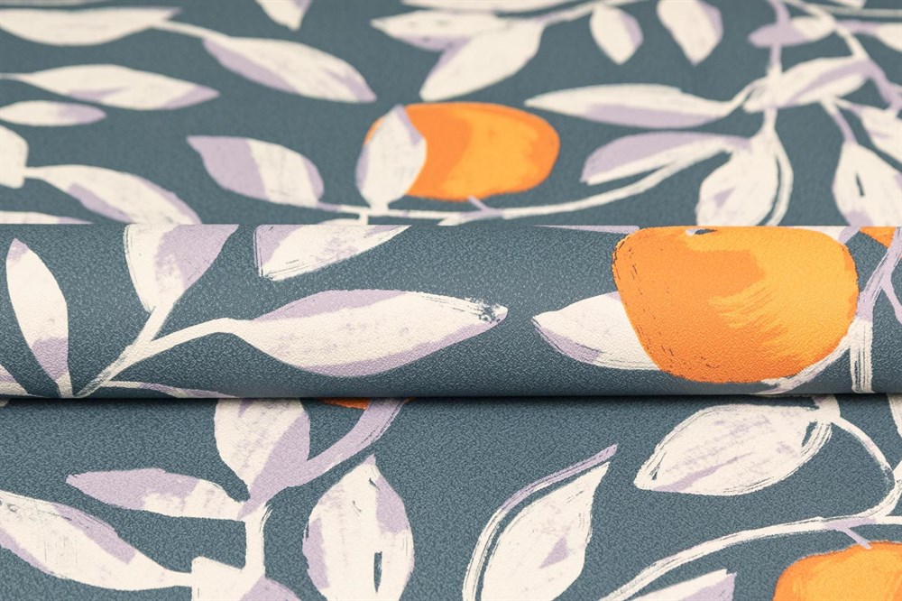 KERAMA MARAZZI KM8503 Обои виниловые Шафран мотив,синий,  апельсины 1,06х10 (1, Т A) прямая стыковка