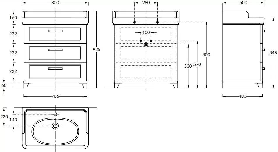 KERAMA MARAZZI PO.M.80.3/WHT Тумба POMPEI напольная с 3 ящиками 80, белая глянцевая