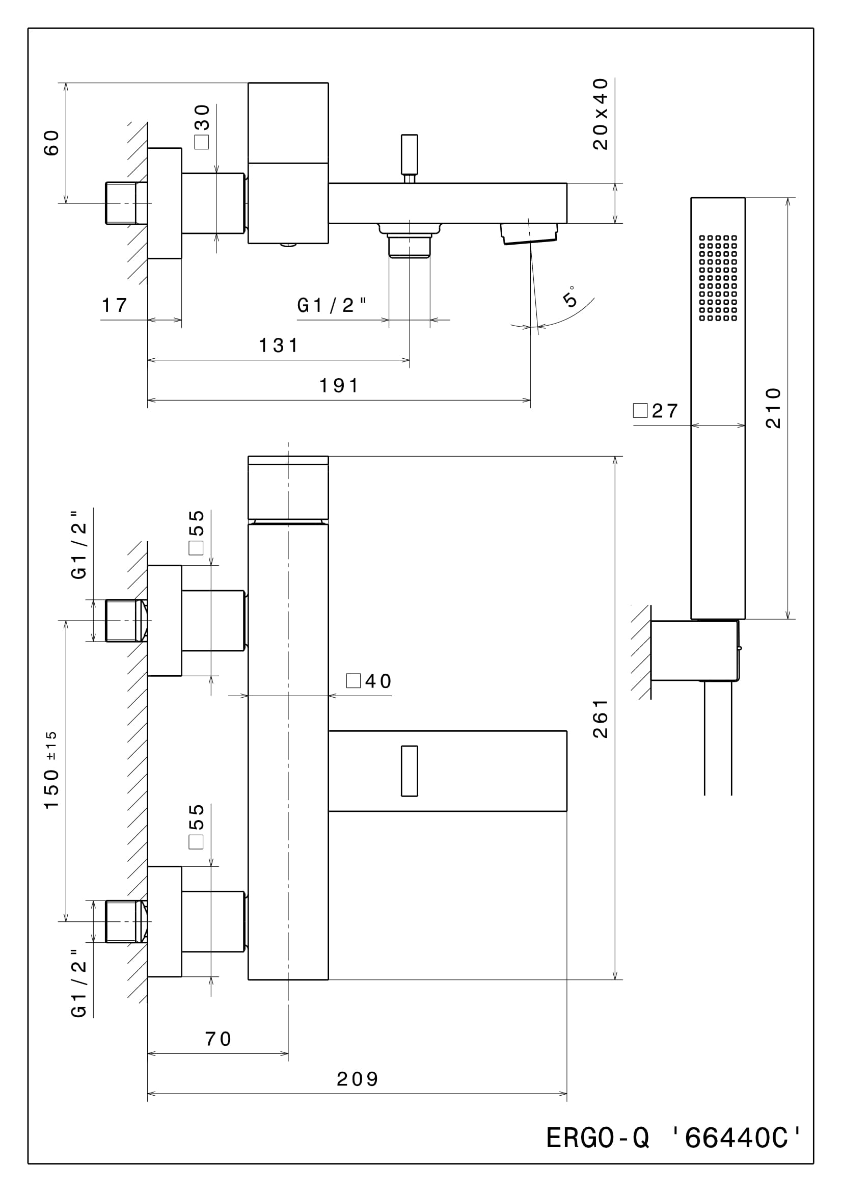 Смеситель для ванны FUTURA настенный с душевой лейкой, матовый черный