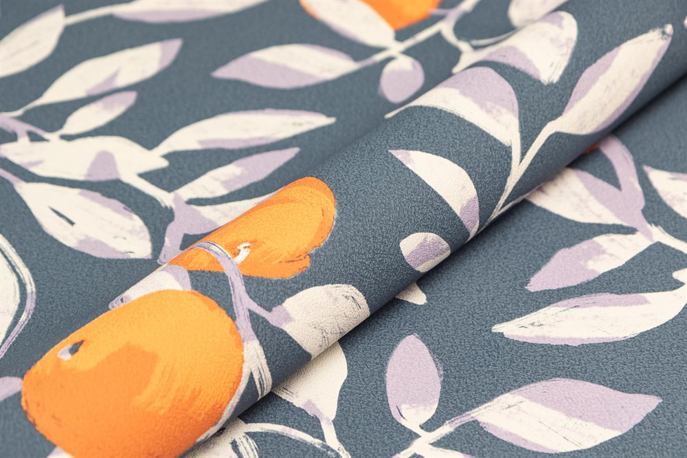 KERAMA MARAZZI KM8503 Обои виниловые Шафран мотив,синий,  апельсины 1,06х10 (1, Т A) прямая стыковка