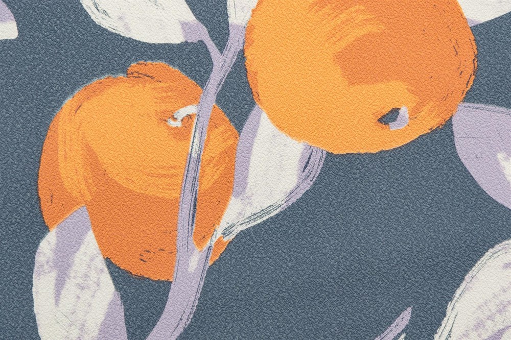 KERAMA MARAZZI KM8503 Обои виниловые Шафран мотив,синий,  апельсины 1,06х10 (1, Т A) прямая стыковка