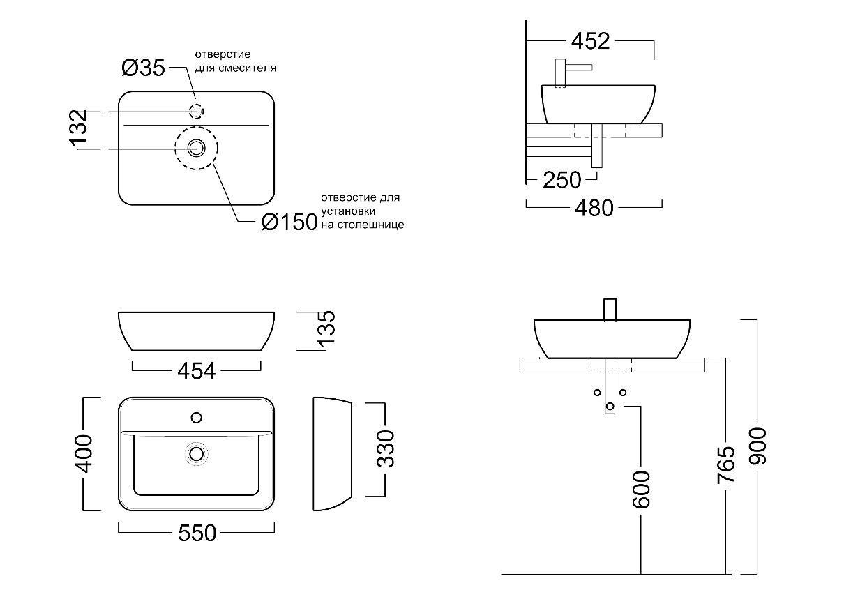 Раковина PLAZA накладная 55, белая глянцевая
