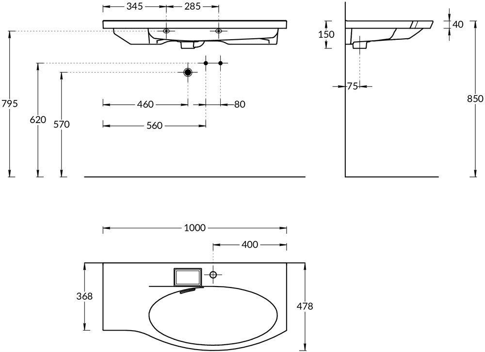 KERAMA MARAZZI RV.wb.100Rh Раковина RIVA мебельная правая с крепежом 100, белая глянцевая