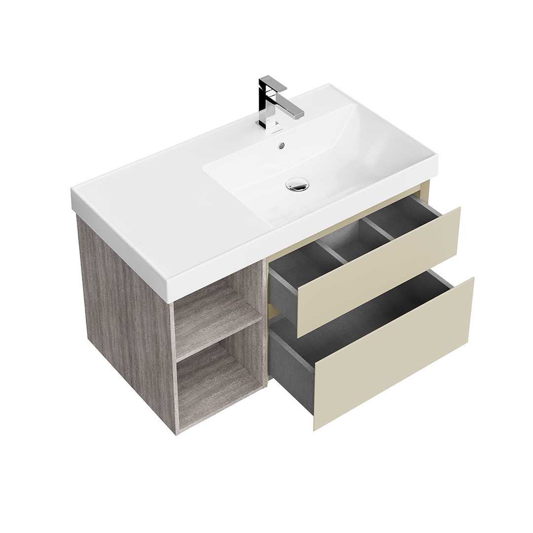 Тумба CUBO правая подвесная с ящиками 90, лимо матовая-древесная