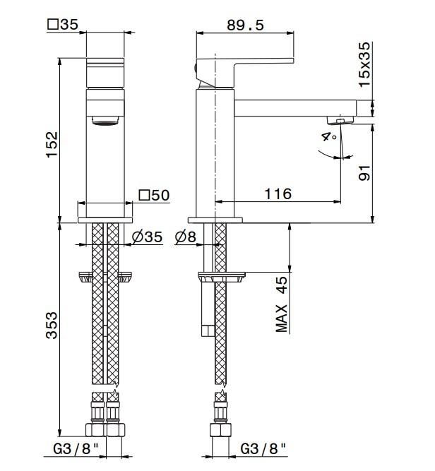 Смеситель для раковины FUTURA однорычажный, без донного клапана 3/8, хром