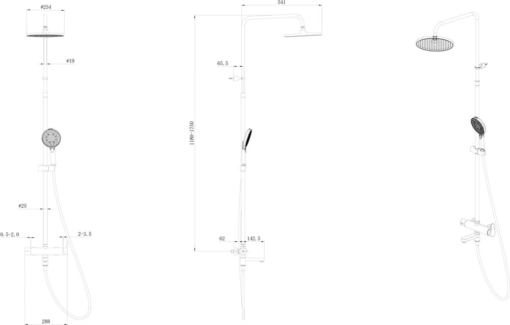 Душевая колонна FONTE на 3 потока с пов.изливом и механическим смесителем, черный матовый