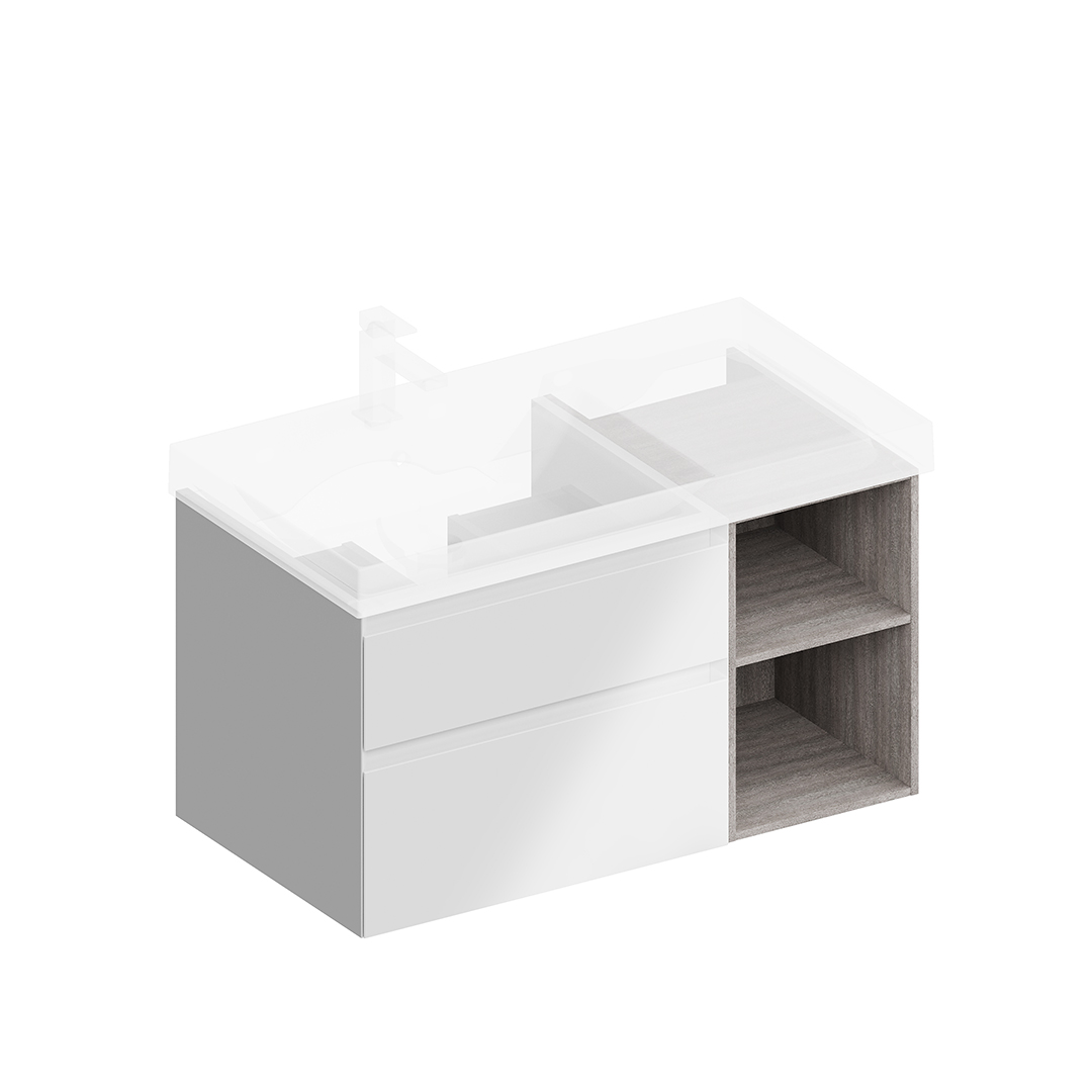 Тумба CUBO левая подвесная с ящиками 90, белая глянцевая-древесная