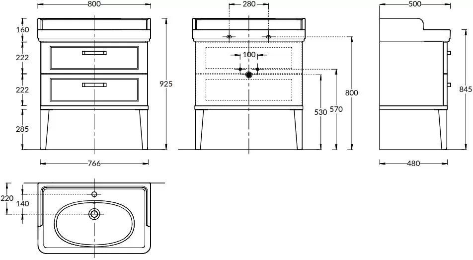 KERAMA MARAZZI PO.M.80.2/BLK Тумба POMPEI напольная с 2 ящиками 80, черная глянцевая