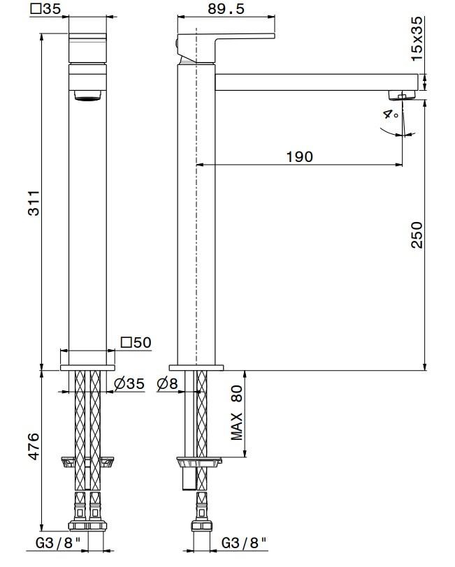 Смеситель для раковины FUTURA однорычажный, высокий, без донного клапана 3/8, матовый черный