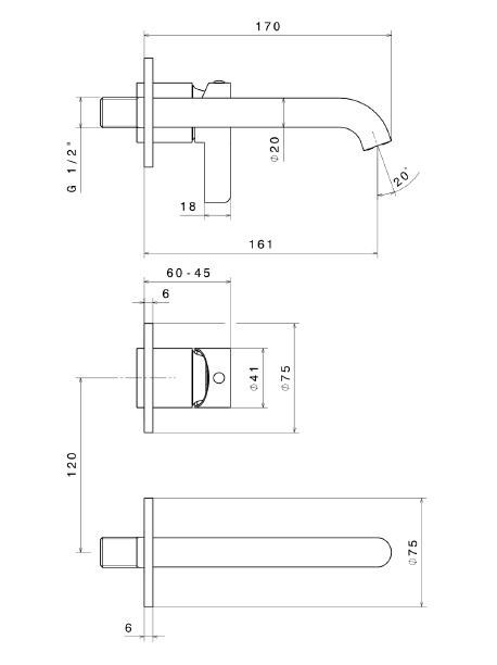 Смеситель для раковины LINEA однорычажный настенный, черный матовый