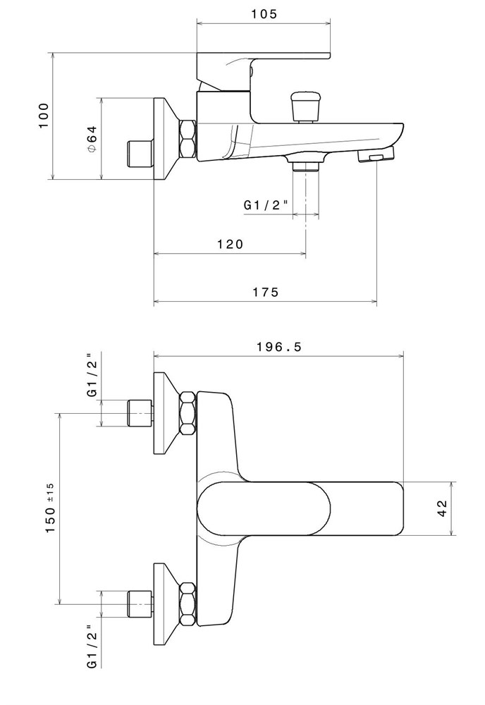 Смеситель для ванны PIANO настенный без лейки, хром глянец