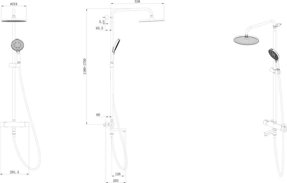 Душевая колонна FONTE на 3 потока с пов.изливом с термостатическим смесителем, черный матовый
